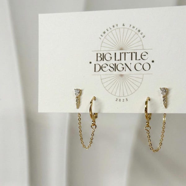 Spike Drop Dangle Double Earring Stack, 18k Gold Plated