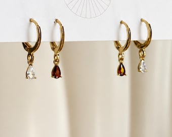 Garnet Red (January) and Crystal (April) Gemstone Gold Huggie Duo Earrings CZ Dainty Ear Stack Jewelry