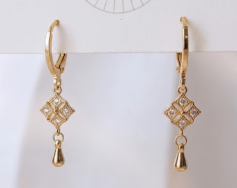 Sweet Little Dangle Huggie Earrings Gold Geometric Cubic Zirconia Teardrop Charm