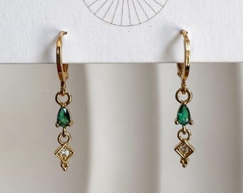 Emerald Green Drop Huggie Earrings 18k Gold Plated Emerald Green Teardrop Crystal Hoops