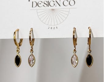 Night and Day Onyx and Crystal Earring set, 18k Gold Plated