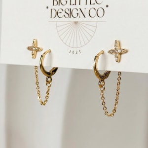 Tiny Pave Star Stud w/ Hoop Double Earrings, 18k Gold Plated
