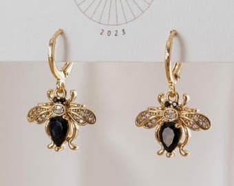 Black Onyx Bee Huggies Drop Dangle Earring, 18k Gold Plated