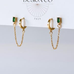 Emerald CZ Gold Hoop Earrings | 18k Plated Chain Studs