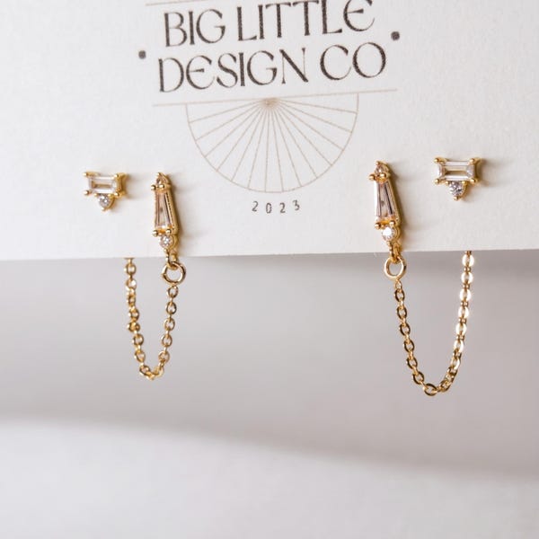 Art Deco Geometric Stud w/ Tiny Stud Double Earrings | Everyday and Special Occasion | Gold,18k Gold Plated Chain| Handmade Earring