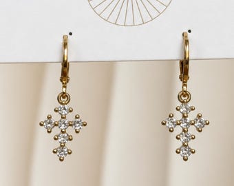 Gold Pave Cross Drop Earrings CZ Huggie Hoops Dainty Crucifix Dangle
