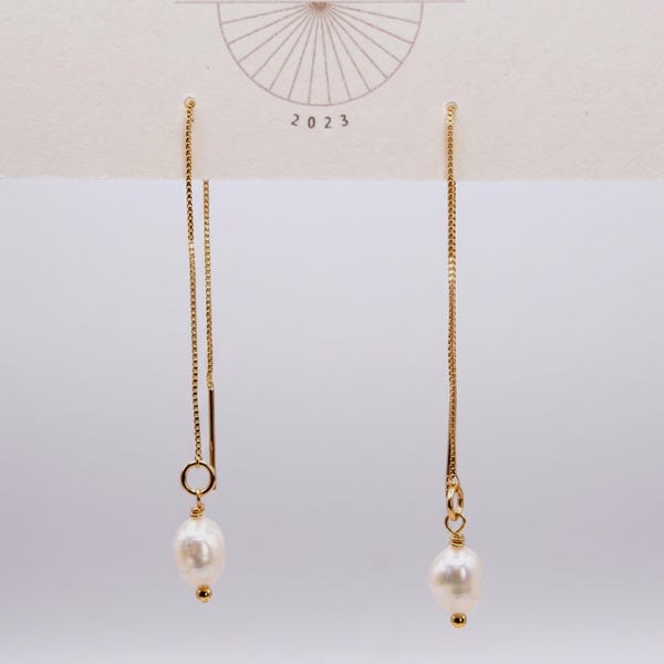 Gold Freshwater Pearl Threaders | Everyday and Special Occasion | Pearl, Gold, 18k Gold Plated Sterling Silver Chain| Handmade Earring