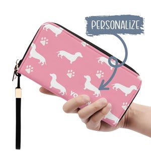 Cartera de piel con cremallera personalizada para perro salchicha, cartera de piel sintética rosa, cartera personalizada para amantes de los perros, regalo para mamá doxie, cartera para amantes de los perros