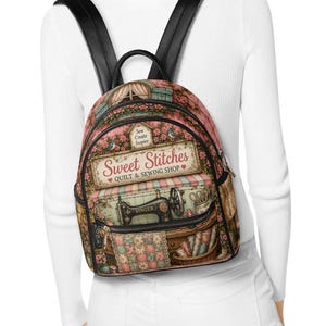Mochila de costura para mujer, mochila de piel sintética con temática de patchwork, bolso pequeño y compacto para quilters, bolso para máquina de coser, regalo para costureras