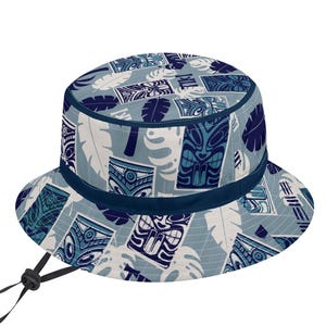 Tiki Mask Bucket Hat: Polynesian Design with Adjustable String