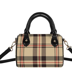 Classic Plaid Satchel Bag, Faux Leather Crossbody Purse, Top Handle Shoulder Bag, Tan Black Red Tartan Print, Stylish Everyday Handbag Gift