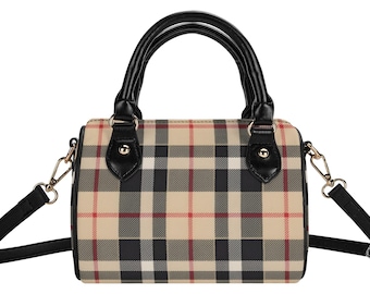 Tartan Plaid Satchel Handbag, Small Tan Checked Design Purse