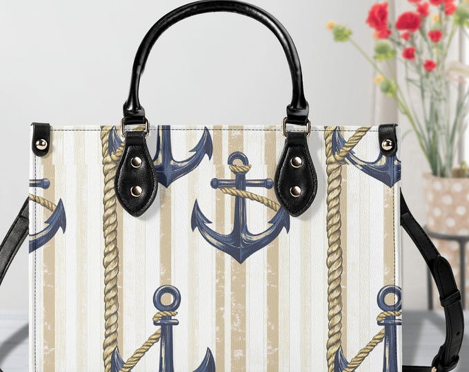 Nautical Anchor Rope Print Leather Purse, Navy Tan Stripes Carry-All Bag