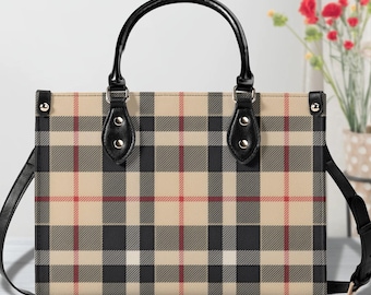 Bolso de mano tipo satchel de piel sintética a cuadros, bolso de hombro a cuadros escoceses, detalle de rayas rojas