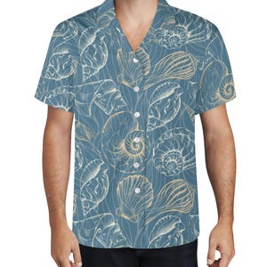 メンズ ティール シーシェル ハワイアンシャツ：ビーチラバーアパレル