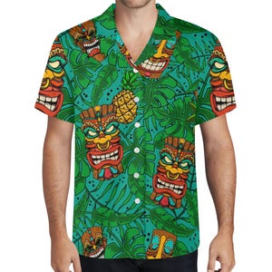 Men&#39;s Hawaiian Tiki Shirt: Tropical Mask Print - Polynesian Style