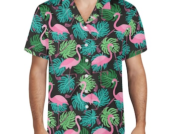 Men's Pink Flamingo and Golf Clubs All Over Print Casual Hawaiian Shirt, Cruise Ship Shirt, Tropical Vacation Button up