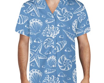 Mens Seashell Print Hawaiian Shirt: Beach Vacation Button-Up