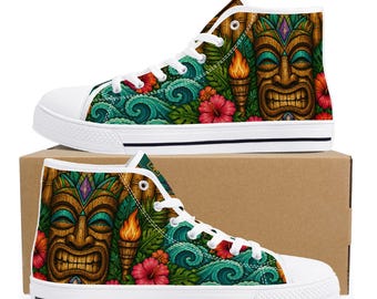 Men's Tropical Tiki High-Top Sneakers | Polynesian Island Canvas Shoes | Hibiscus & Tiki Mask Footwear