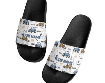 Personalized Tractor Slides: Kids' Waterproof Beach & Pool Slippers