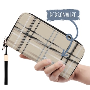 Cartera de piel sintética personalizada con cremallera, funda para teléfono con estampado de rayas a cuadros color marfil, portatodo a cuadros con correa, elegante monedero de regalo.