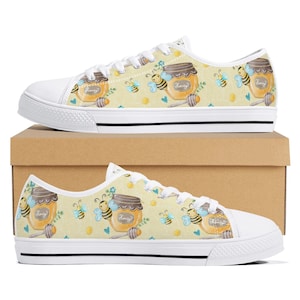 Ladies Honey Bee All Over Print Canvas Sneakers, Cute Honey Theme Sneakers, Bee Lovers Gift, Unique Bee Gifts, Custom Print Design Footwear