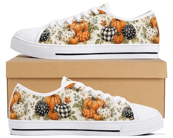 Women's Pumpkin Fall Sneakers, Buffalo Plaid Autumn Shoes, Polka Dot Pumpkin Canvas Sneakers, Cute Cozy Fall Low Tops