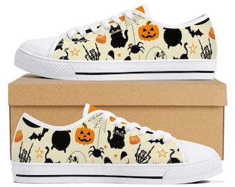 Zapatos de lona de caña baja para Halloween para mujer, zapatos con diseño de Halloween personalizado, ropa genial para maestras, zapatos con estampados en toda la superficie, calzado para pedir dulces