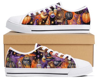 Halloween Witch Sneakers, Spooky Pumpkin Canvas Shoes, Magical Spellbook Low Tops, Cute Witchy Halloween Sneakers