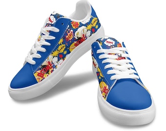 Unisex Faux Leather Comic Pop Art Blue Low Top Sneakers