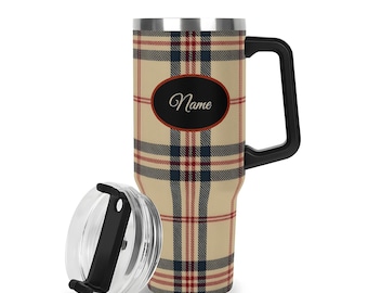 Vaso de acero inoxidable personalizado PLAID de 40 oz con asa y pajita negras