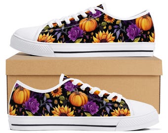 Fall Pumpkin Sunflower Sneakers, Autumn Floral Shoes, Halloween Country Girl Low Top Canvas Sneakers, Teacher Fall Shoes, Purple Pumpkin Sne