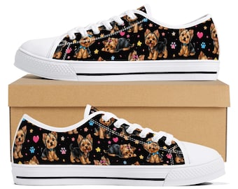 Yorkshire Terrier Cartoon Print Sneakers, Dog Mom Shoes, Black Canvas Shoes