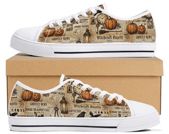 Vintage Halloween Witch Sneakers, Witchcraft Gazette Shoes, Spooky Newspaper Low Top Sneakers, Pumpkin Raven Gothic Halloween Shoes, Witchy