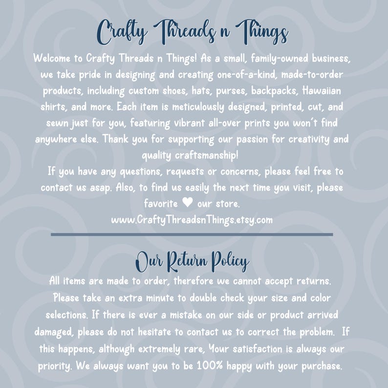 Peut inclure: Fond bleu clair avec le texte "Crafty Threads n Things" dans une police d&eacute;corative. Le texte d&eacute;crit l'entreprise, ses produits et sa politique de retour. L'adresse du site Web est &eacute;galement incluse.
