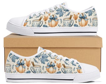 Fall Pumpkin Shoes for Women, Pumpkin Spice Sneakers, Cottagecore Floral Canvas Shoes, Autumn Teacher Shoes, Thanksgiving Gift