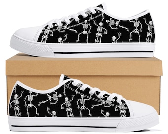 Black Skeleton Sneakers, Halloween Skeleton Shoes, Womens Spooky Low Top Canvas Sneakers, White Skeleton Print Shoes, Gothic Halloween Gift