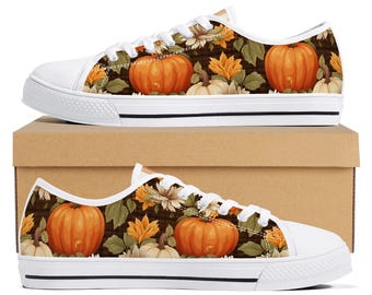 Pumpkin Plaid Fall Sneakers for Women, Autumn Canvas Shoes, Cute Pumpkin Patch Shoes, Thanksgiving Sneakers, Fall Fashion Footwear
