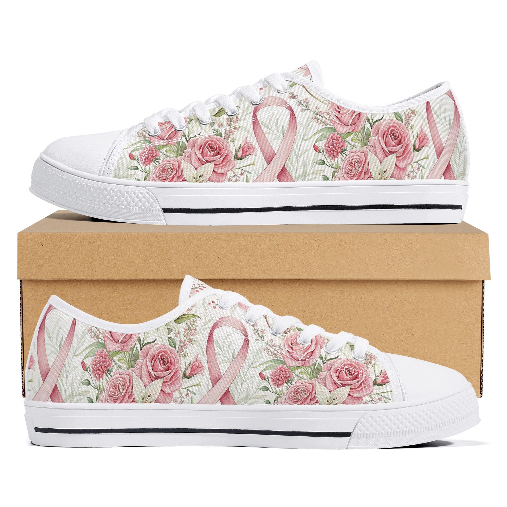 Discover Breast Cancer Awareness Canvas Sneakers Women’s Low Top Shoes Vintage Rose Print