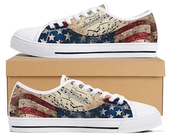 Rustic Americana Music Print Canvas Sneakers | Patriotic Women’s Low Top Shoes | Cool Teacher Apparel, All Over Print Shoes