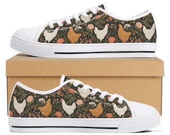 Farmhouse Chicken Floral Print Low Top Canvas Shoes, Rustic Farm Sneakers