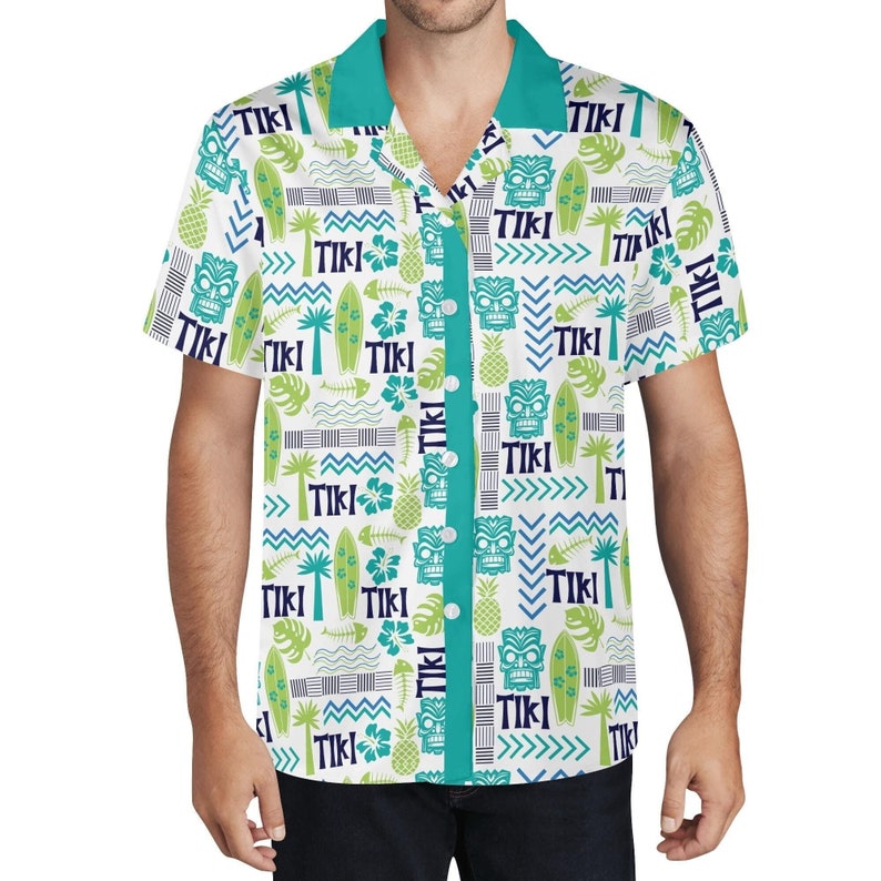 Men's Tiki Hawaiian Shirt: Tropical Surfboard Print Vacation Apparel image 1