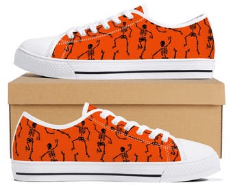 Halloween Skeleton Sneakers, Dancing Skeleton Shoes, Orange Halloween Low Top Sneakers, Spooky Season Shoes, Skeleton Print Canvas Shoes
