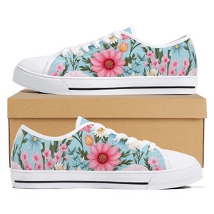Floral Canvas Sneakers: Blue & Pink Flower Print Low Tops