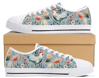 Floral Rooster Canvas Sneakers: Funky Chicken Print, Cottagecore Shoes