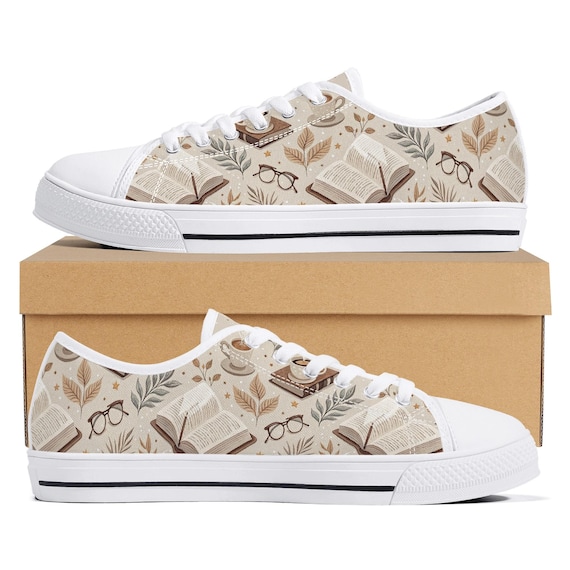 Women's Book Reading Coffee Drinking Low Top Canvas Shoes, Book