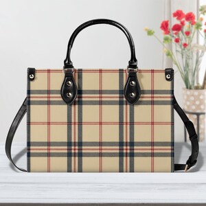 Sac à main cartable en cuir rayé à carreaux, sac à main rayé marron clair et noir, sac à bandoulière élégant entièrement imprimé, design personnalisé disponible en 3 tailles