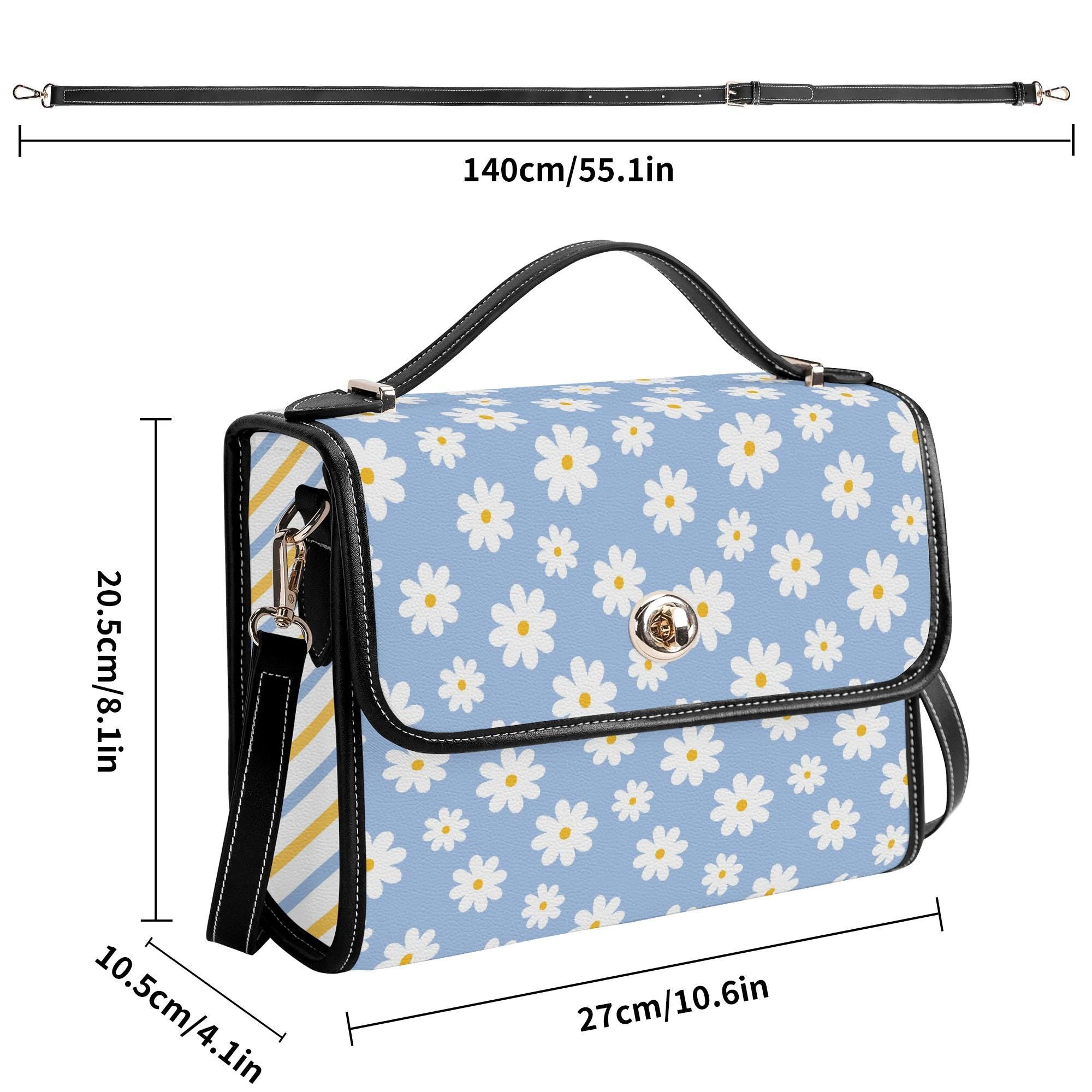 Daisy Print Satchel Handbag: Blue & Yellow Floral Faux 