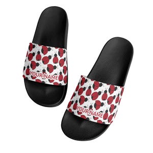 Personalized Ladybug Slide Sandals: Girls&#39; Custom Beach Shoes