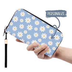 Portefeuille personnalisé avec fermeture à glissière en cuir, motif floral marguerite, joli portefeuille personnalisé avec fleurs marguerites, coque de téléphone personnalisée, cadeau portefeuille pour carte de crédit